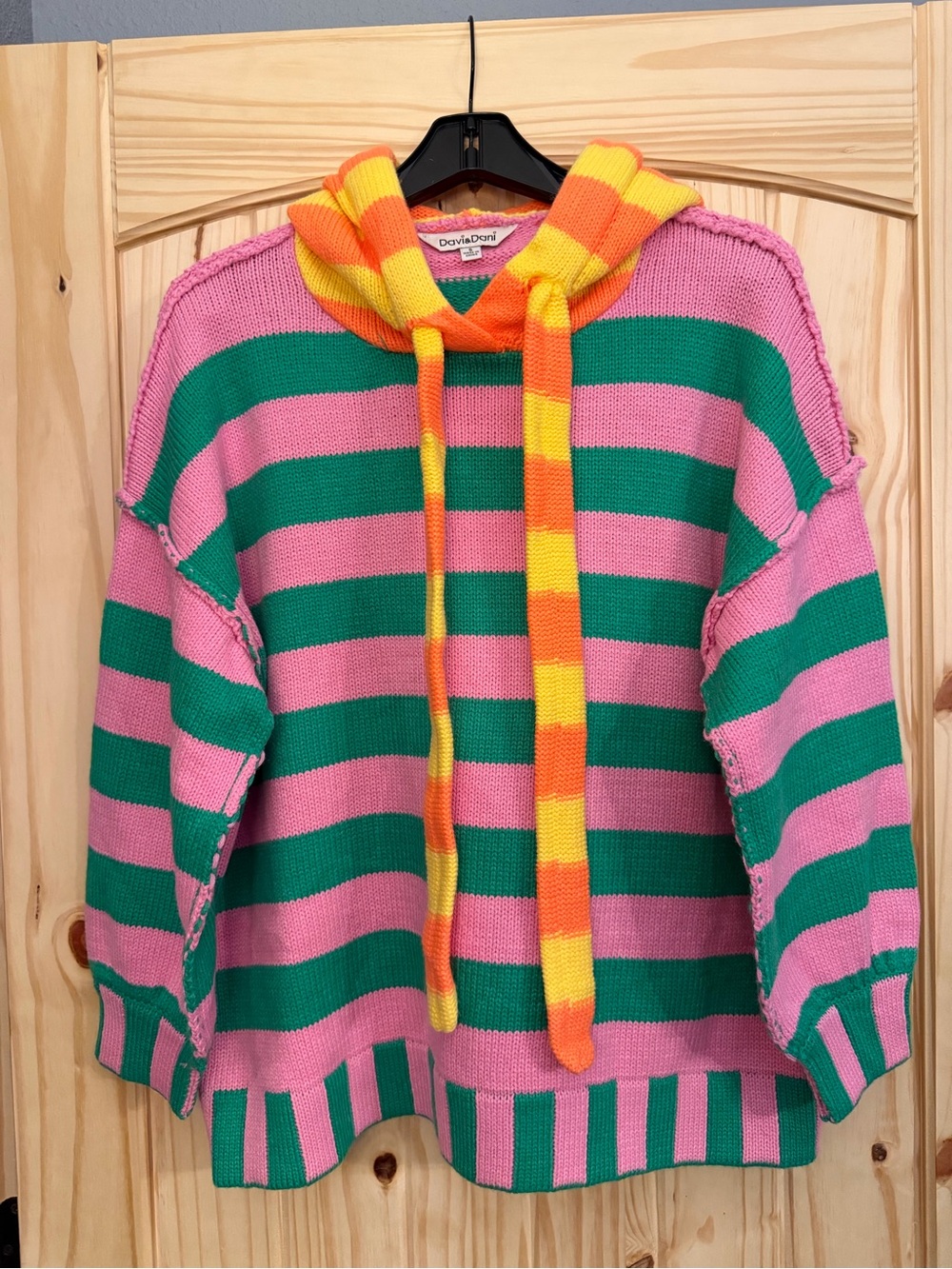Fun funky Pink & Green Striped Hooded Sweater with Yellow-Orange Accents